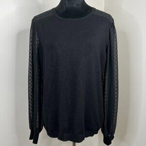 Adrianna Papell Swiss Dot Sheer Sleeve Crewneck Long Sleeve Sweater